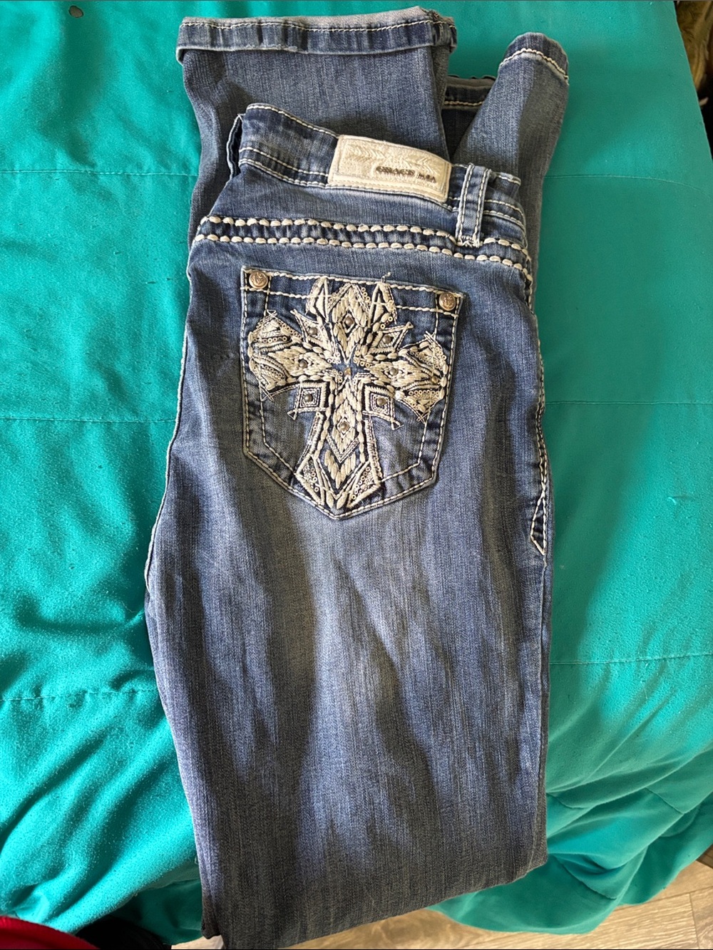 Grace in LA Embroidered Cross Dark Blue Boot Cut Jeans